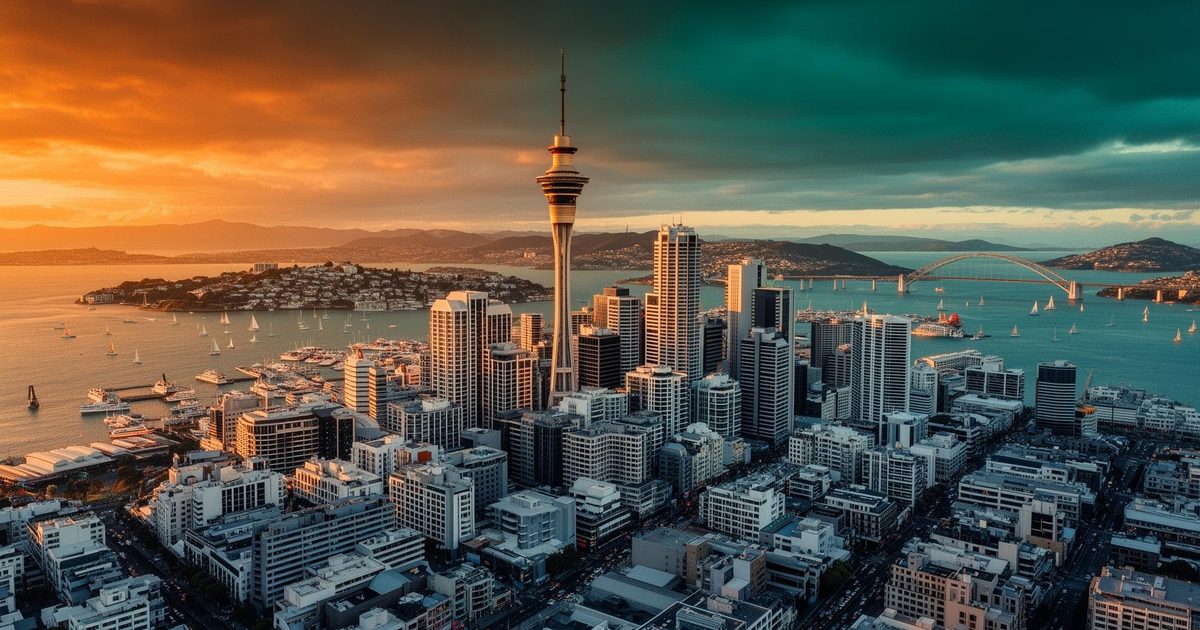 Auckland city skyline and harbour at golden hour over the Waitematā